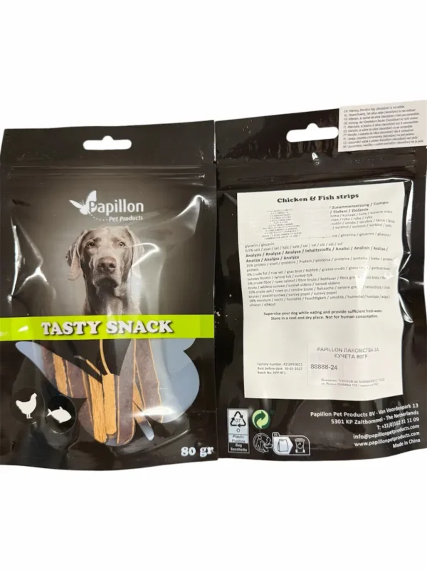 Papillon Tasty Snack Chicken & Fish Strips – апетитно лакомство за кучета, съчетаващо вкус на пилешко и риба в удобни меки лентички